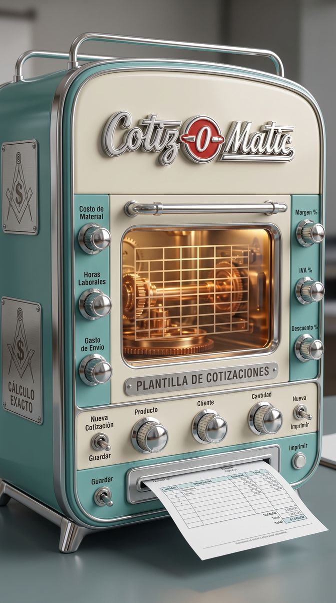 Máquina expendedora retro Cotiz-O-Matic en esmalte crema y turquesa: perillas de costo de material, horas laborales, margen, IVA y descuento; un visor con engranes y una cotización impresa saliendo de la ranura.